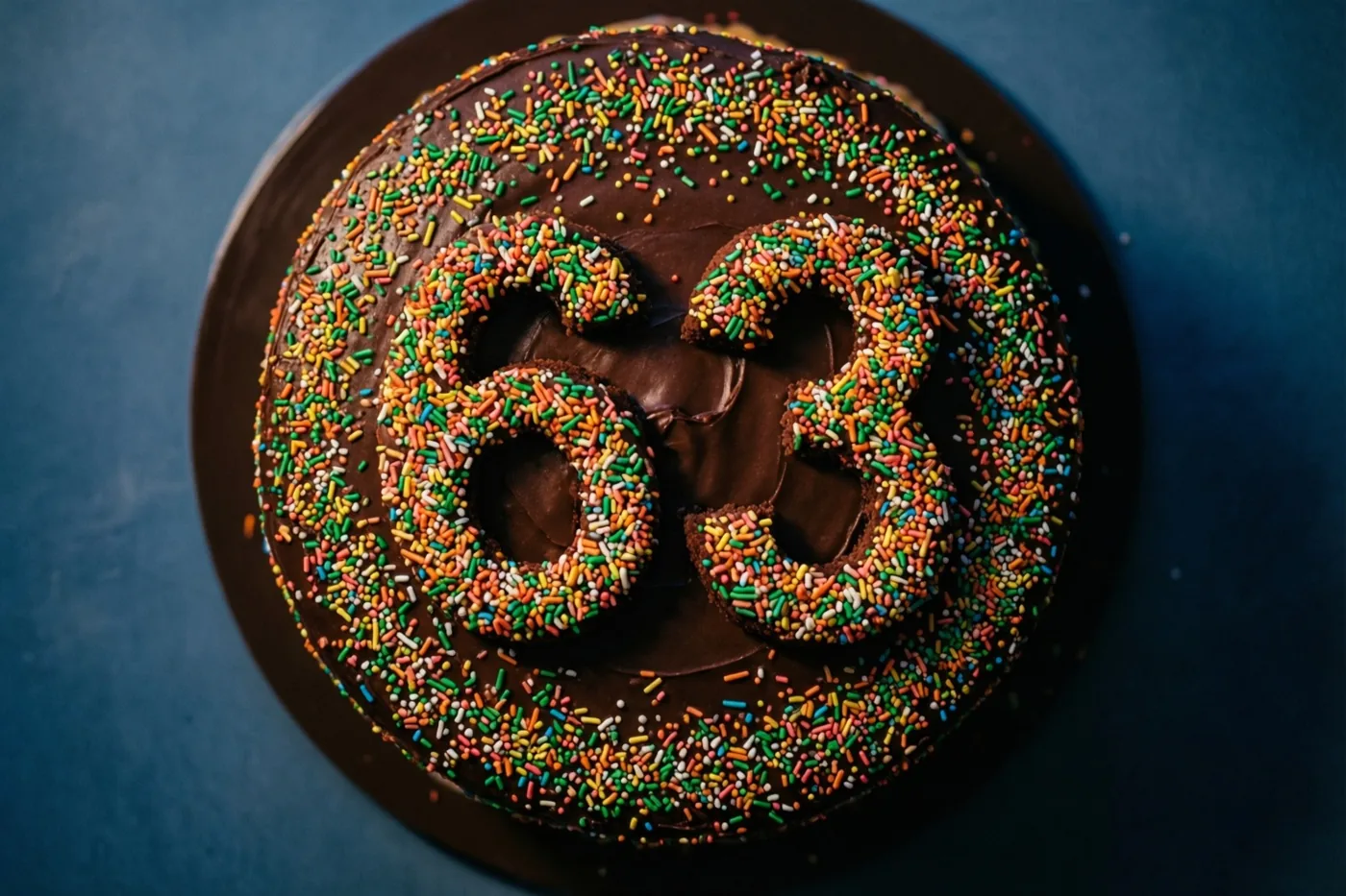 Een ronde chocoladetaart met gekleurde suikerstrooisels die in het midden 63 vormen staat op een donkerbruin bord tegen een diepblauwe achtergrond, van boven gezien.
