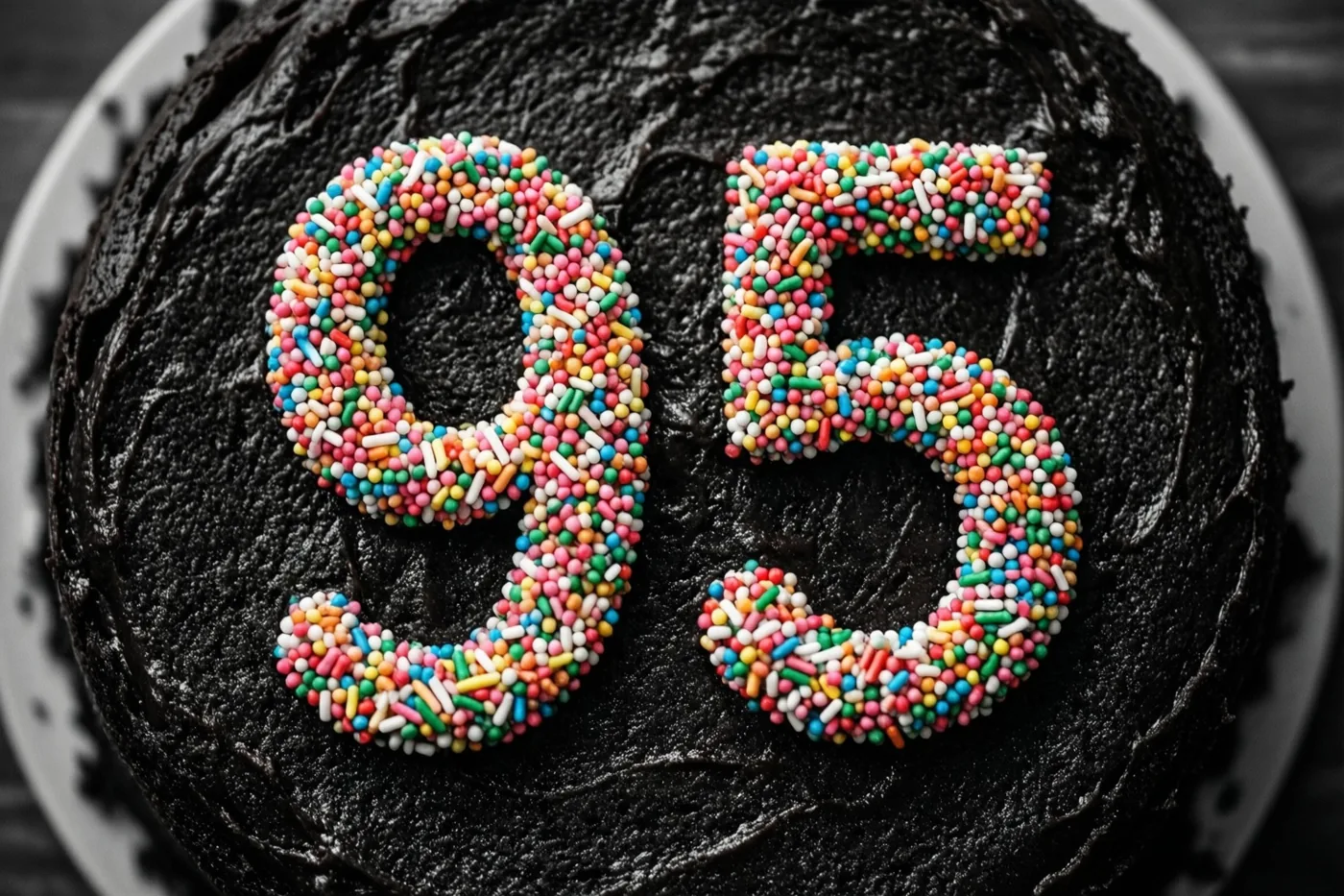 Een ronde chocoladetaart met 95 van kleurrijke suikerstrooisels ligt op een wit bord tegen een donkere achtergrond, van bovenaf gezien.