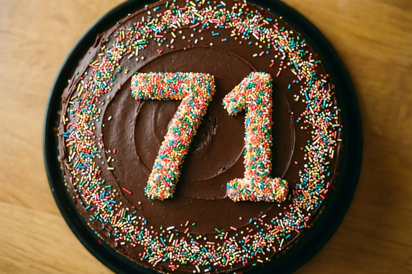 Van bovenaf is een ronde chocoladetaart met glazuur en kleurrijke suikerstrooisels in de vorm van 71 te zien op een zwart bord op hout.