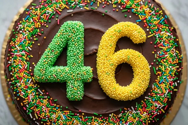 Een ronde chocoladetaart met 46 van gekleurde suikerstrooisels staat op een gouden kartonnen onderlegger tegen een lichte marmeren achtergrond, van bovenaf gezien.