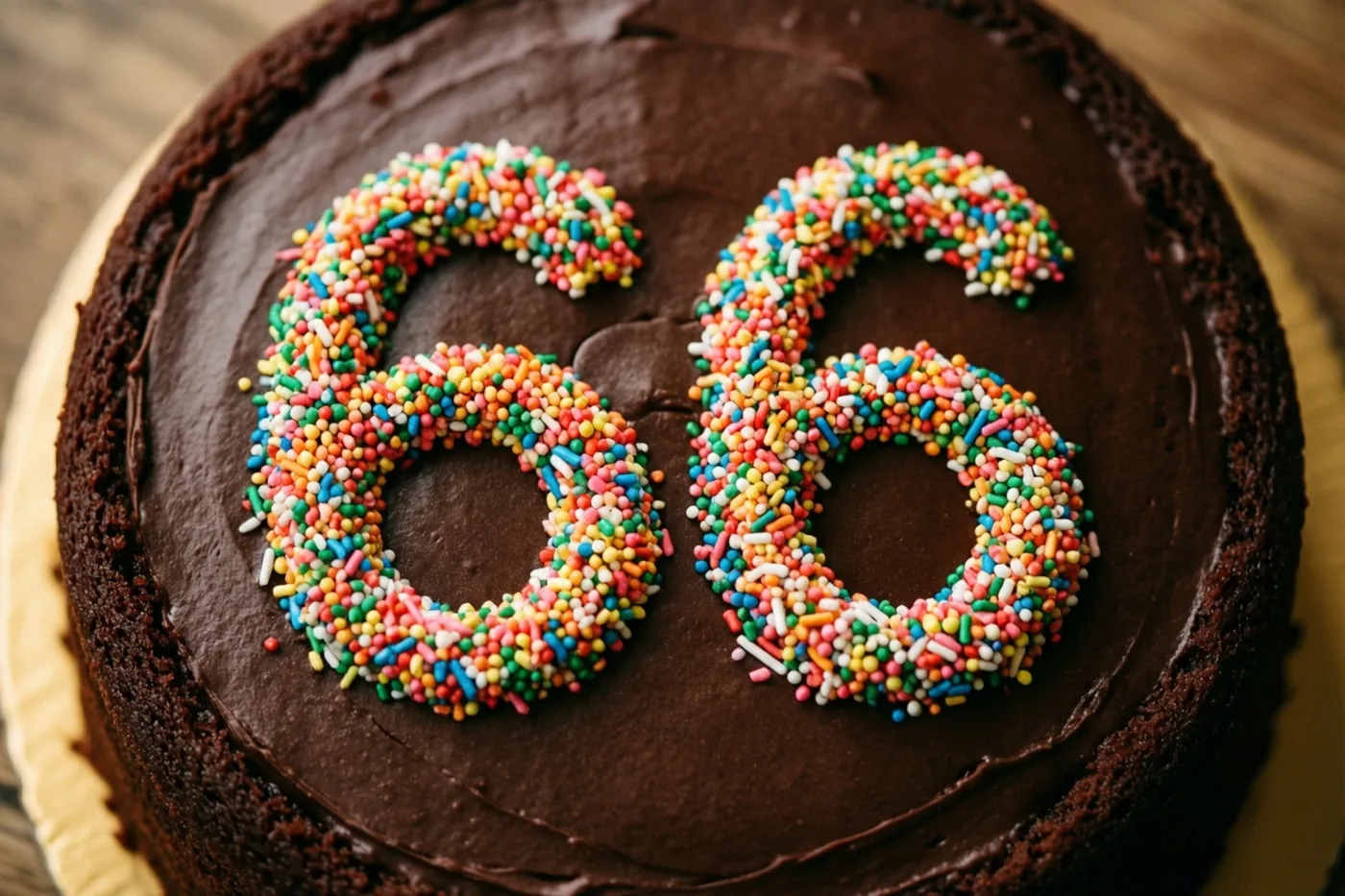 Een ronde chocoladetaart met glad glazuur en het getal 66 in gekleurde suikerstrooisels staat op een gouden kartonnen onderlegger tegen een houten achtergrond, van bovenaf gezien.