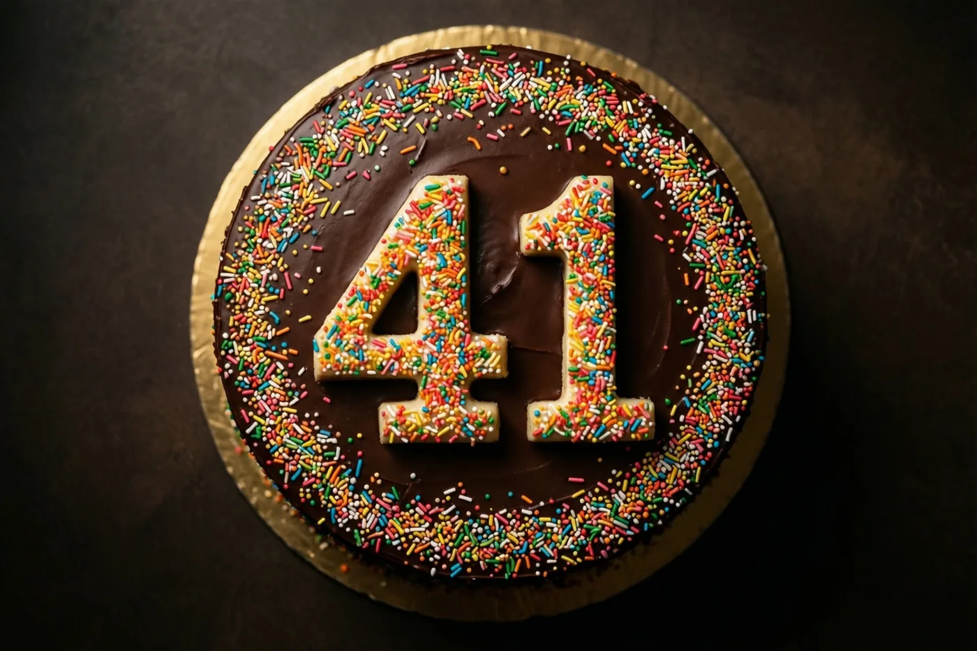 Van bovenaf is een ronde chocoladetaart met 41 van kleurrijk suikerstrooisel te zien op een gouden kartonnen onderlegger tegen een donkere achtergrond.
