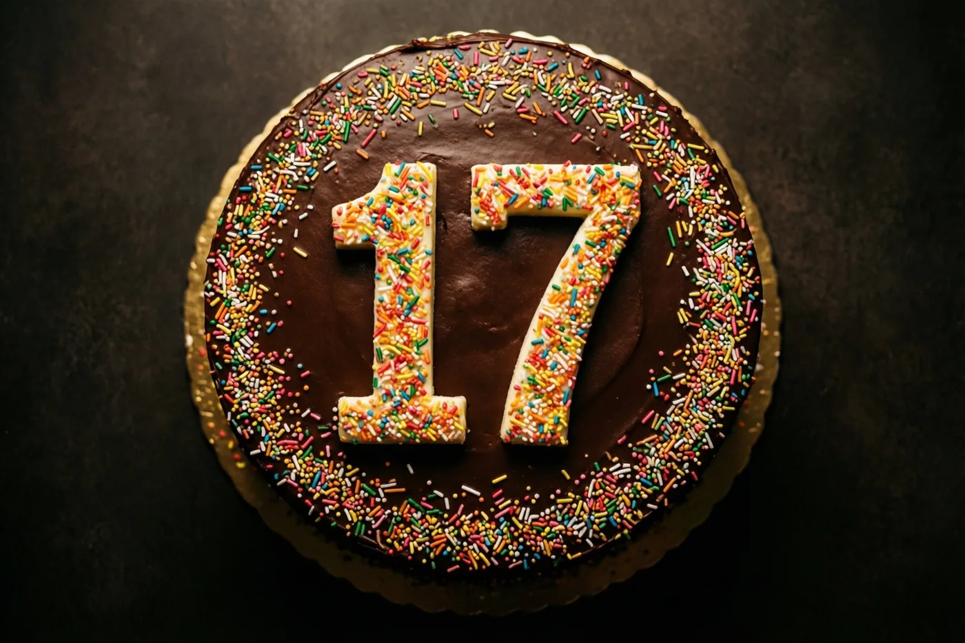 Een ronde chocoladetaart met 17 van gekleurde suikerstrooisels staat op een gouden taartonderlegger op een donkere ondergrond, van bovenaf gezien.