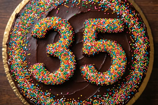 Een ronde chocoladetaart met 35 van gekleurde suikerstrooisels ligt van bovenaf gezien op een gouden taartplaat, met losse strooisels eromheen.