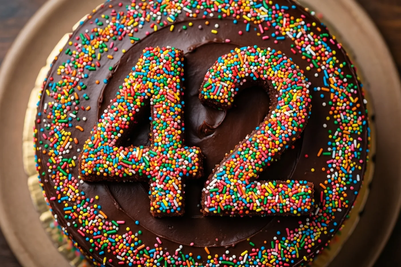 Van bovenaf is een ronde chocoladetaart te zien met kleurrijke suikerstrooisels die 42 vormen, op een goudkleurig bord tegen een donkere houten achtergrond.