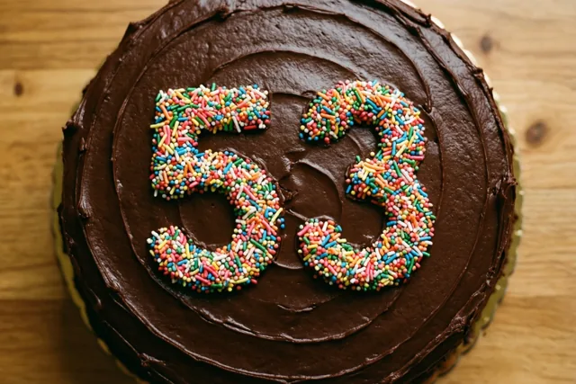 Een ronde chocoladetaart met 53 van gekleurde suikerstrooisels staat op een houten oppervlak, recht van boven gefotografeerd.