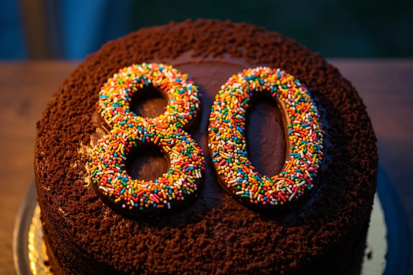 Een ronde chocoladetaart met het getal 80 van gekleurde suikerstrooisels staat op een houten ondergrond, van bovenaf gezien in warm licht.