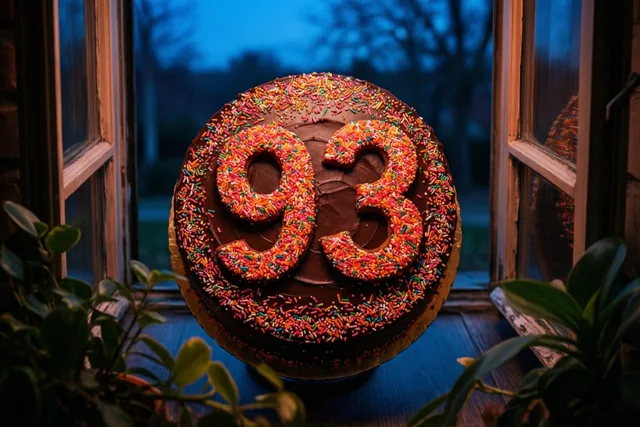 Een ronde chocoladetaart met 93 in gekleurde suikerstrooisels staat bij schemering op een vensterbank tussen houten raamkozijnen en groene planten, met warm licht binnen en koelblauwe tinten buiten.