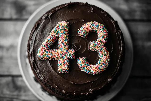 Van bovenaf is een ronde chocoladetaart met glad donker glazuur en 43 in kleurrijke suikerstrooisels te zien op een wit bord tegen donker hout.