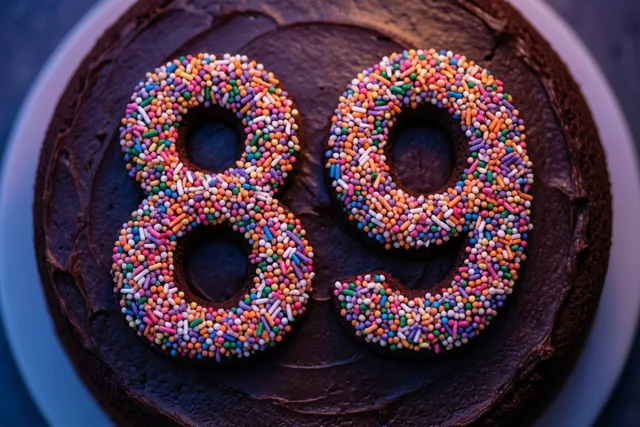 Van bovenaf is een ronde chocoladetaart met 89 in gekleurde suikerstrooisels te zien op een wit bord tegen een donkere achtergrond.