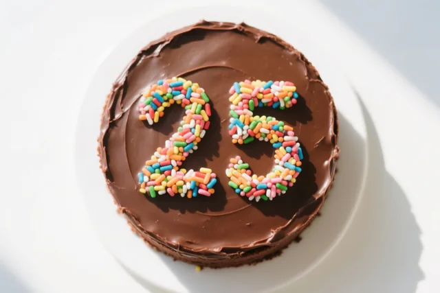 Een ronde chocoladetaart met 25 van gekleurde suikerstrooisels staat op een wit bord tegen een witte achtergrond, van bovenaf gezien.