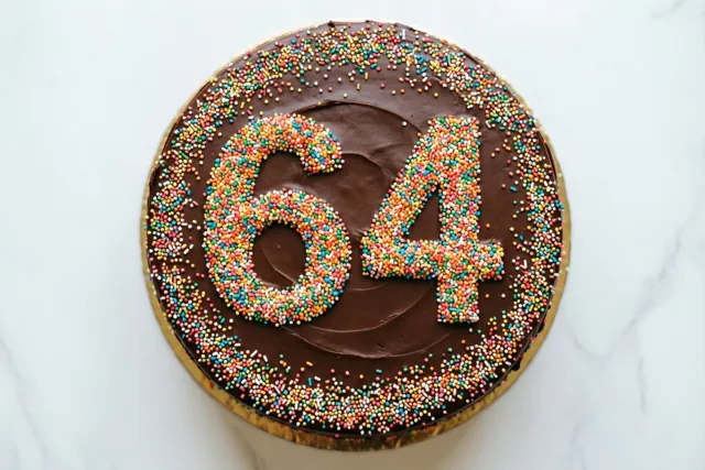 Een ronde chocoladetaart met glad glazuur, een rand van gekleurde suikerstrooisels en het getal 64 in strooisels ligt op wit marmer, van bovenaf gezien.