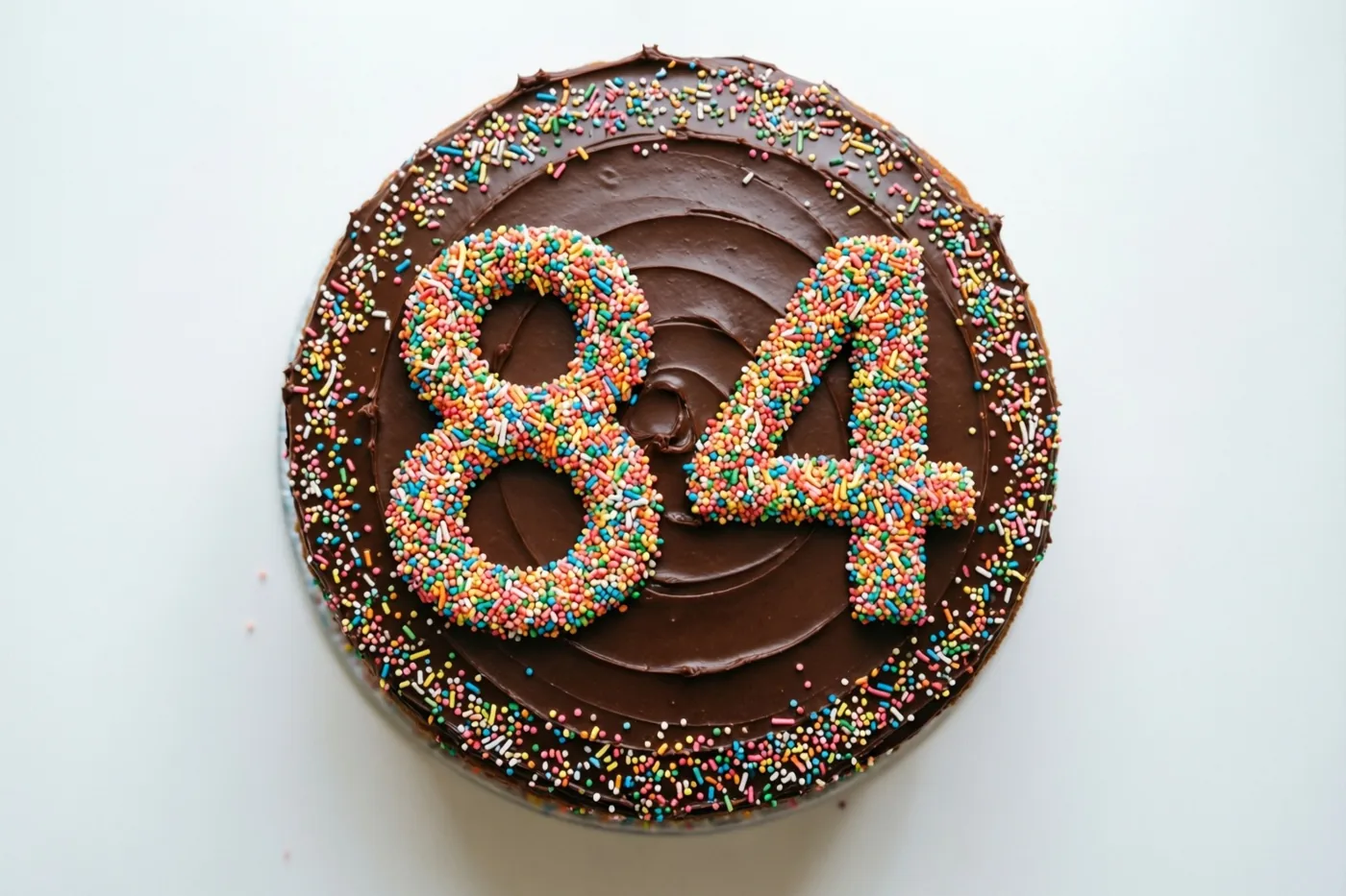 Van bovenaf is een ronde chocoladetaart met chocoladeglazuur te zien, met 84 van gekleurde suikerstrooisels op een effen witte achtergrond.