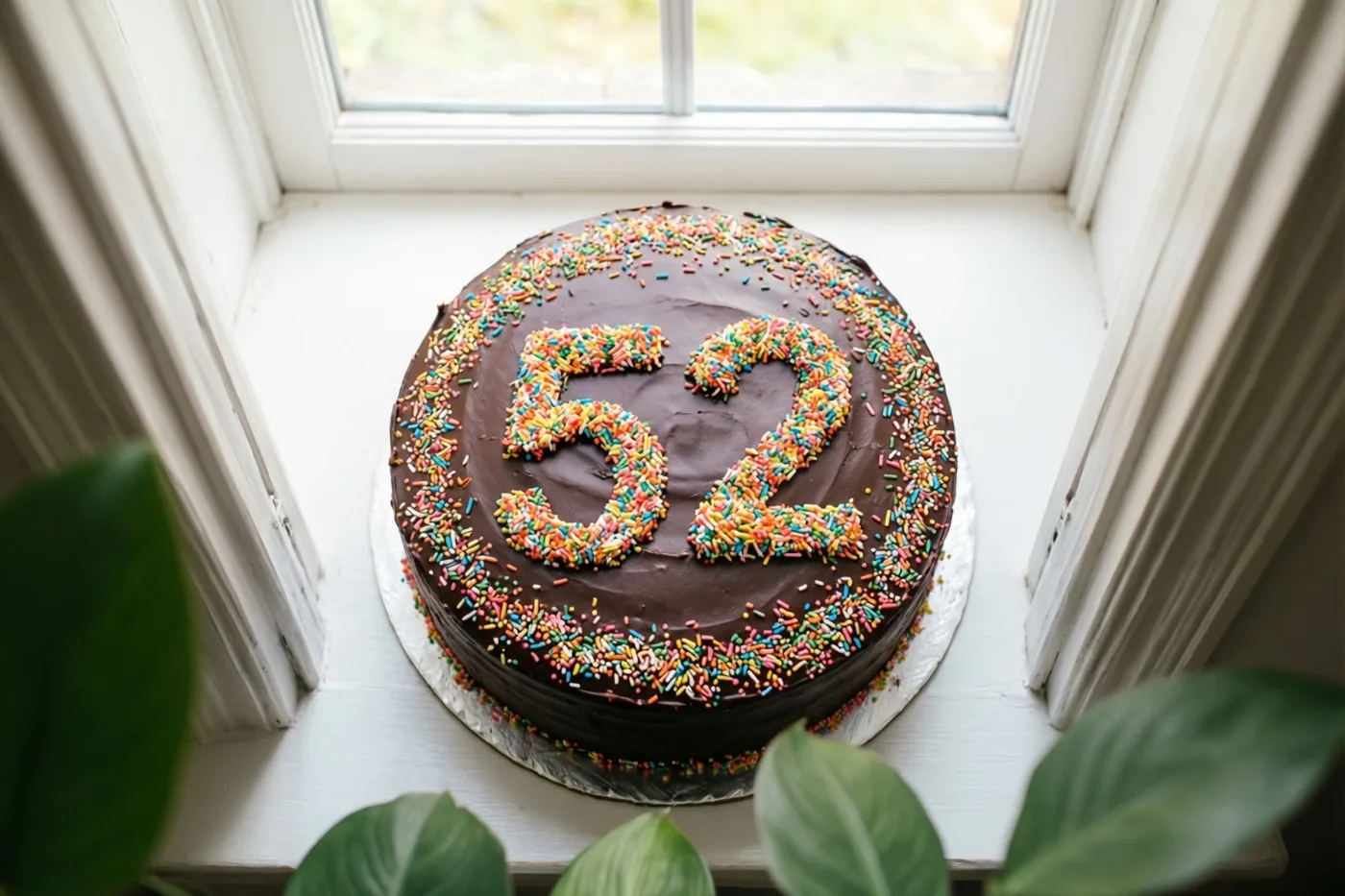 Een ronde chocoladetaart met het getal 52 van gekleurde suikerstrooisels staat op een witte vensterbank tussen groene plantenbladeren in daglicht.
