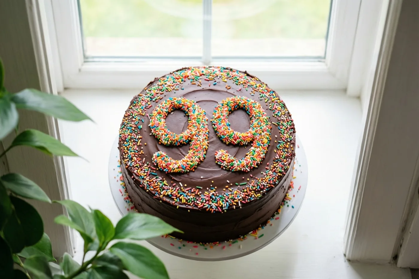 Een ronde chocoladetaart met 99 van kleurrijke suikerstrooisels staat op een witte vensterbank, met links een deels zichtbare groene plant en daglicht van achteren.