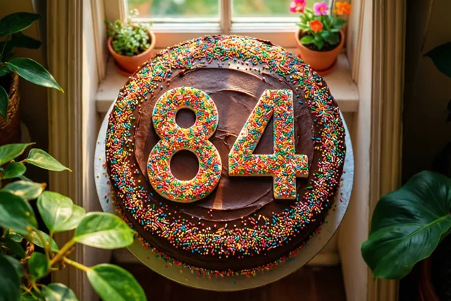 Van bovenaf is een ronde chocoladetaart met gekleurde suikerstrooisels en het getal 84 te zien op een zonnige vensterbank tussen potplanten.