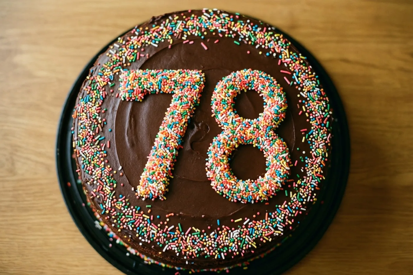 Van bovenaf is een ronde chocoladetaart te zien met 78 en een rand van gekleurde suikerstrooisels, op een zwart bord op een houten ondergrond.