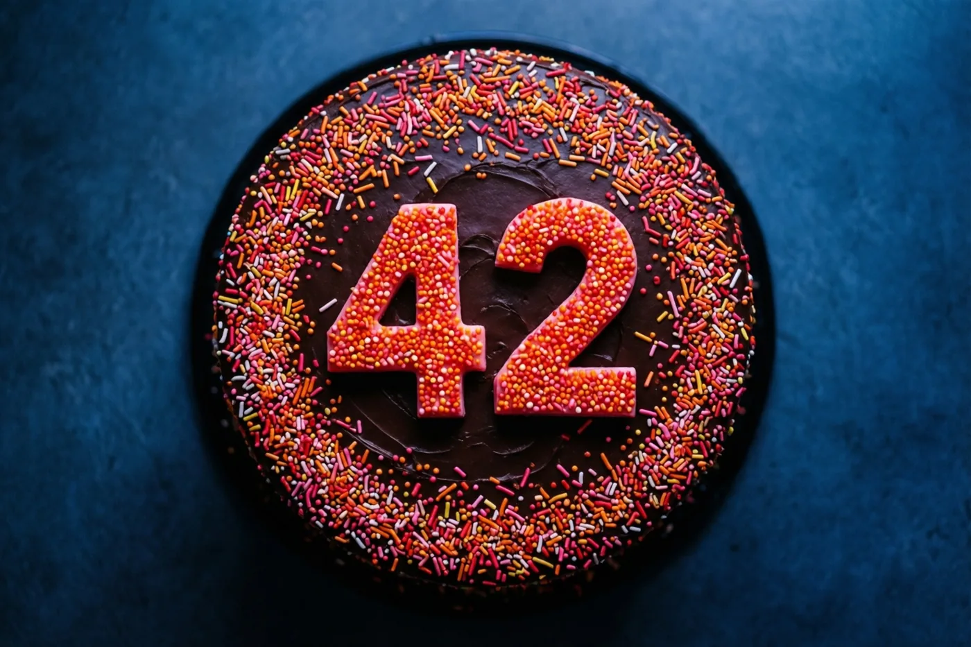 Een ronde chocoladetaart met kleurrijke suikerstrooisels en het getal 42 ligt tegen een donkerblauwe achtergrond met textuur, van bovenaf gezien.