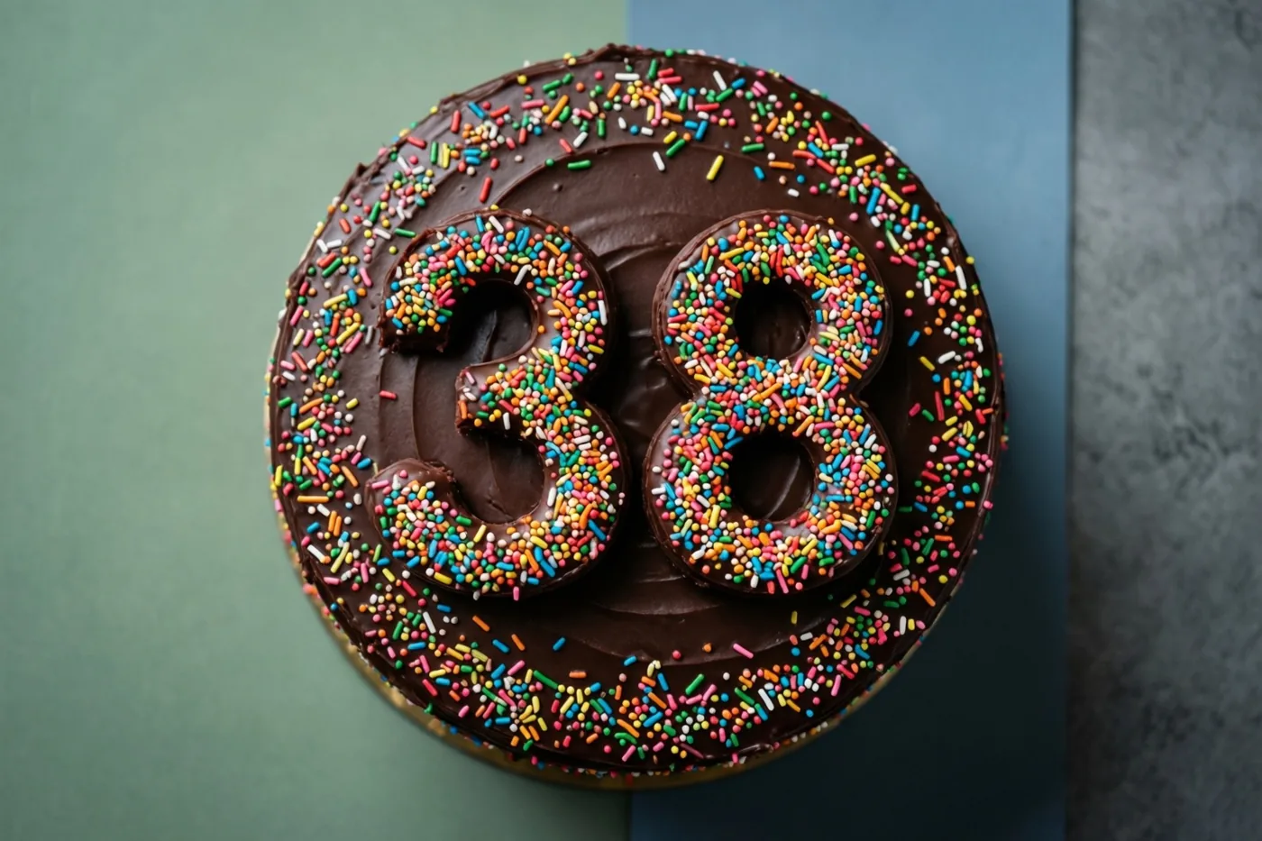 Van bovenaf zie je een ronde chocoladetaart met 38 van kleurrijke suikerstrooisels, met een groen-blauwe achtergrond en een donkergrijze rand rond het beeld.