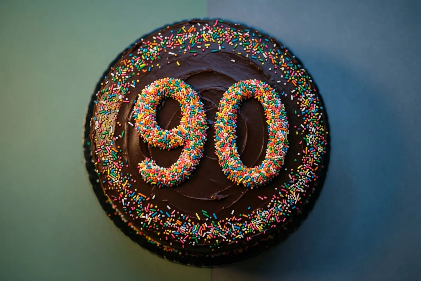 Een ronde chocoladetaart met chocoladeglazuur en 90 van gekleurde suikerstrooisels is van bovenaf te zien tegen een achtergrond in gedempt groen en blauw.