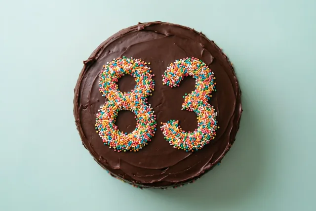 Van bovenaf is een ronde chocoladetaart te zien met 83 van gekleurde suikerstrooisels, tegen een effen lichtblauwe achtergrond.