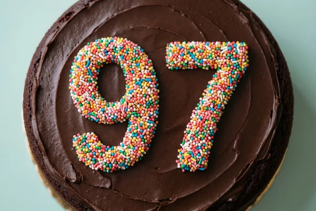 Van bovenaf is een ronde chocoladetaart met glad glazuur en 97 van gekleurde suikerstrooisels te zien tegen een effen lichtblauwe achtergrond.