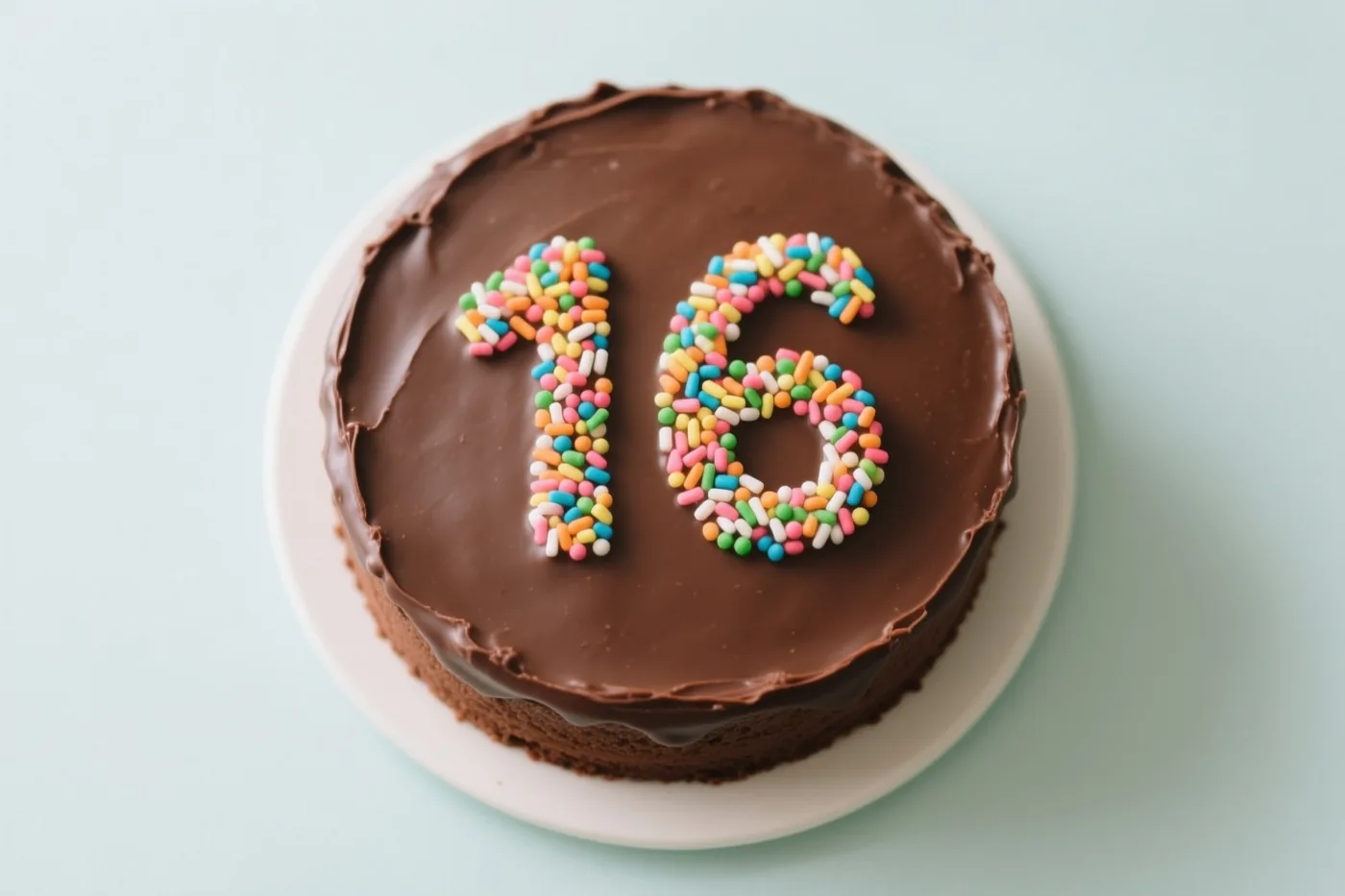 Van bovenaf is een ronde chocoladetaart met 16 in gekleurde suikerstrooisels te zien, op een wit bord tegen een lichtblauwe achtergrond.