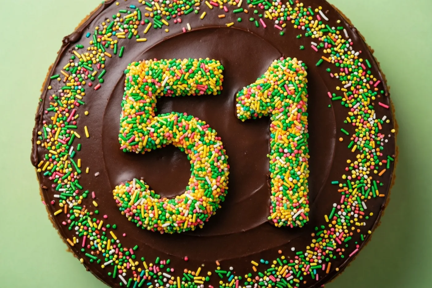 Van bovenaf is een ronde chocoladetaart met 51 van gekleurde suikerstrooisels te zien tegen een effen lichtgroene achtergrond.