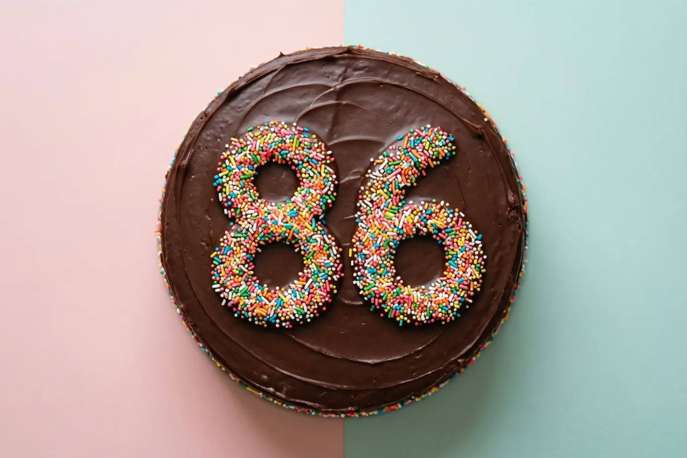 Van bovenaf is een ronde chocoladetaart met 86 van gekleurde suikerstrooisels te zien tegen een achtergrond die in roze en blauwgroen is verdeeld.