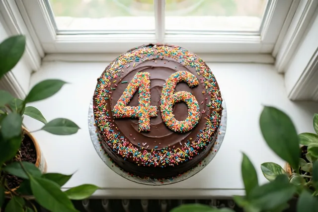 Een ronde chocoladetaart met 46 van gekleurde suikerstrooisels staat op een witte vensterbank tussen groene potplanten, met daglicht vanuit het raam.