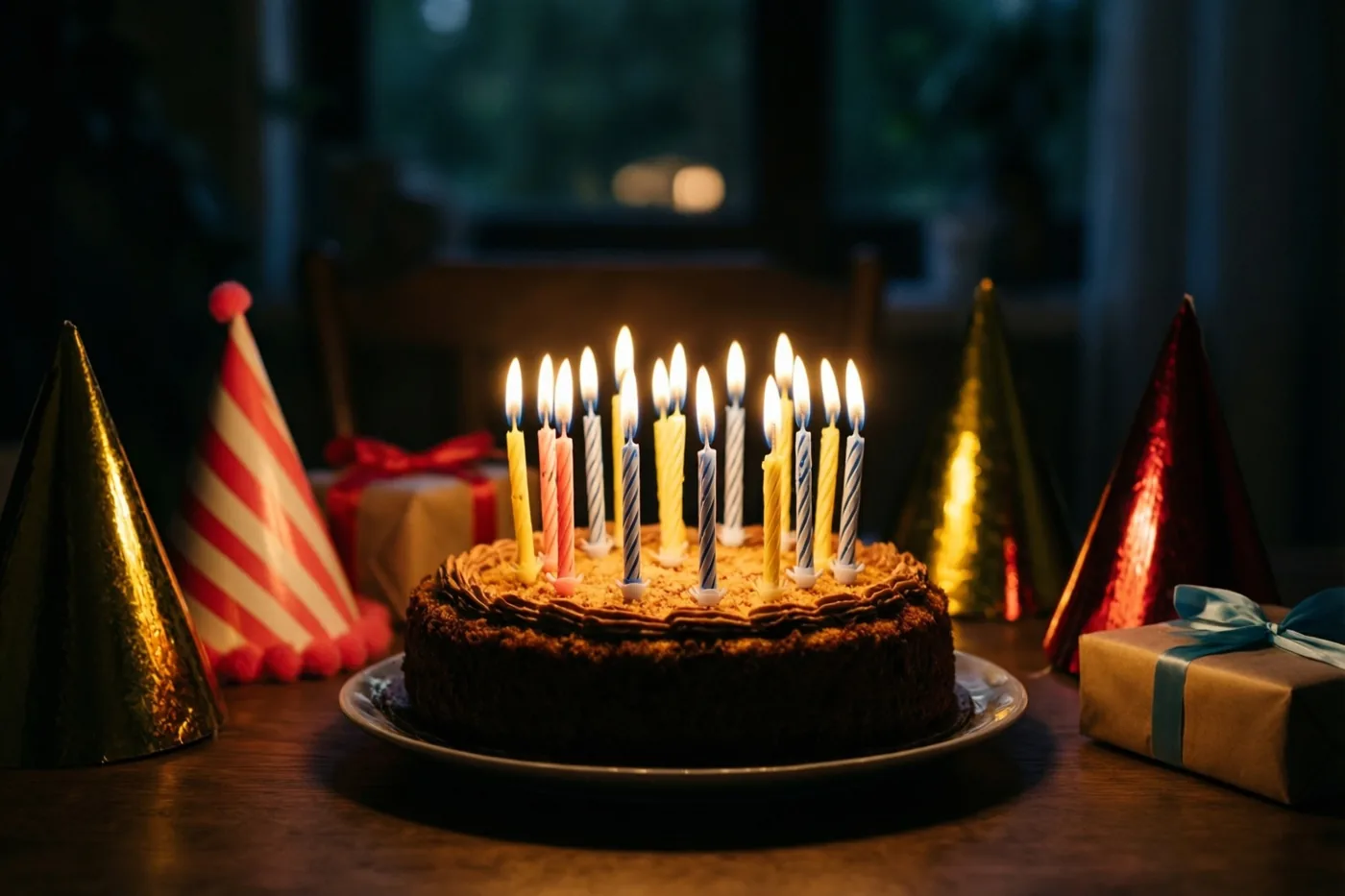 Een chocoladetaart met brandende kaarsen staat op een houten tafel in een schemerige eetkamer, omringd door feesthoedjes en ingepakte cadeaus in warm kaarslicht.