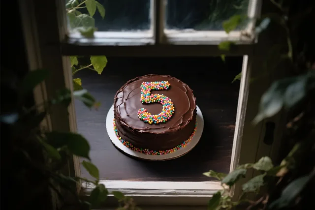 Een ronde chocoladetaart met chocoladeglazuur, een cijfer 5 van gekleurde suikerstrooisels bovenop en strooisels onderaan staat op een donkere houten vensterbank tussen groen, van bovenaf gezien.