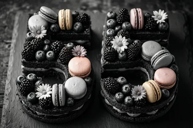 Twee stukken chocoladetaart vormen 55 met bramen, blauwe bessen, macarons en witte eetbare bloemen, in zwart-wit met kleuraccenten op de macarons en bloemen.