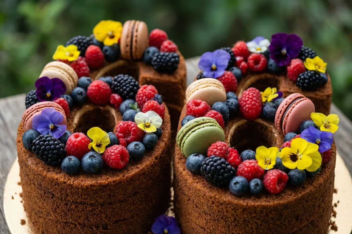 Twee chocoladetaarten vormen samen 66 en zijn versierd met frambozen, bramen, blauwe bessen, macarons en eetbare bloemen op een houten oppervlak buiten, tegen een onscherpe groene achtergrond.