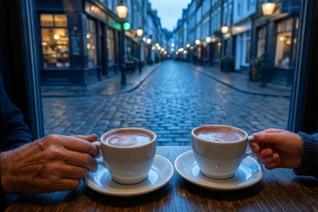 Een oude en een kleine hand houden koppen warme chocolademelk vast op een houten cafétafel, met uitzicht op een kasseistraat in blauw en amberkleurig avondlicht.