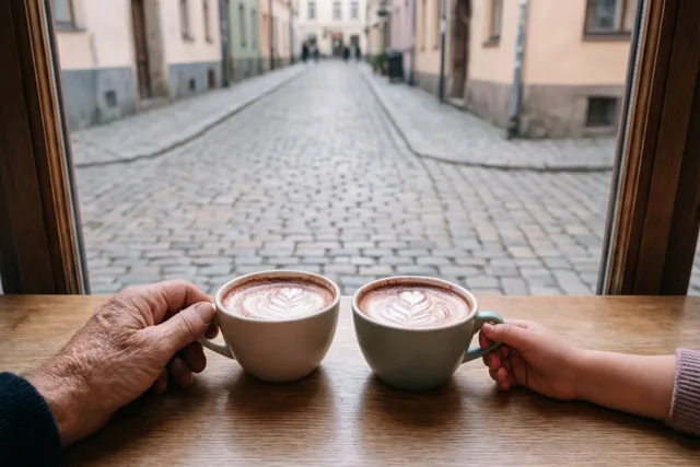 Een oude en een kleine hand houden koppen warme chocolademelk met figuurtjes in het schuim vast op een houten cafétafel, met uitzicht op een kasseistraat.