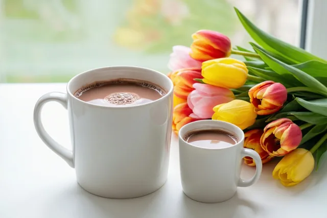 Twee witte mokken chocolademelk staan op een witte ondergrond naast een kleurrijk boeket tulpen, met helder daglicht uit een raam op de achtergrond.