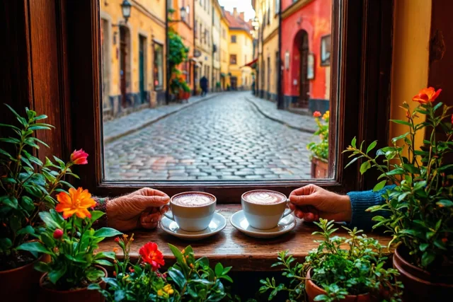 Een oudere en een jongere hand houden koppen warme chocolademelk vast op een houten vensterbank met potbloemen en uitzicht op een kasseistraat.