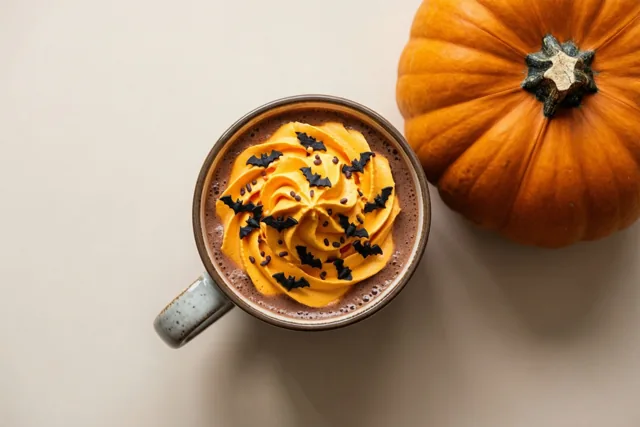 Van bovenaf is een keramische mok warme chocolademelk met oranje slagroom en zwarte vleermuisvormige strooisels te zien naast een hele oranje pompoen op een gebroken witte ondergrond.