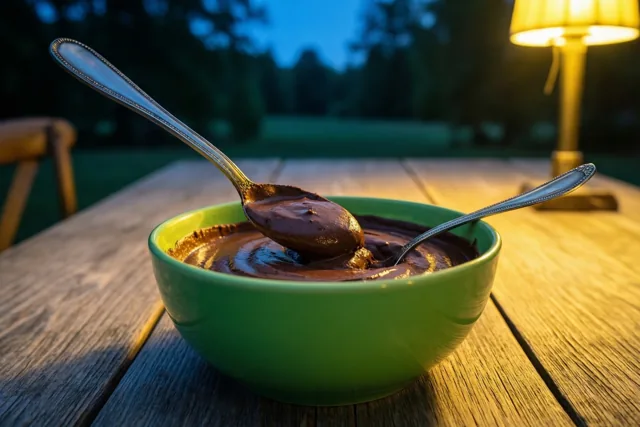 Een groene kom chocolademousse met een grote en een kleine zilveren lepel staat op een houten boerentafel, bij schemering verlicht door een lamp.