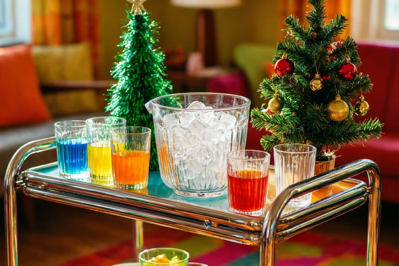 Een chromen serveerwagen draagt een punchschaal met ijs, glazen met kleurrijke drankjes en een klein versierd kerstboompje in een warm verlichte kamer met kerstdecoratie.