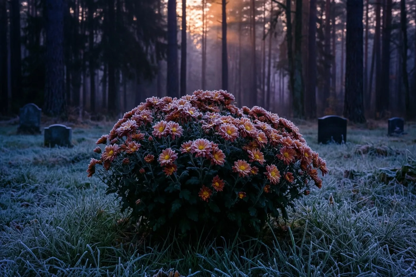 Een dichte struik met roze en gele chrysanten bloeit op een met rijp bedekt graf op een open plek in het bos, waar bij dageraad zacht licht door de mist en hoge bomen valt.
