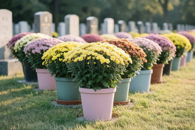 Potten chrysanten in verschillende kleuren staan op het gras voor grafstenen in warm namiddaglicht.