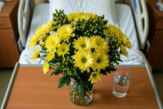 Gele chrysanten en groene bessen staan in een heldere glazen vaas naast een glas water op een houten ziekenhuisnachtkastje, met een wit bed op de achtergrond.