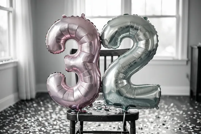 Zilveren en pastelroze folieballonnen in de vorm van 3 en 2 hangen aan een donkere houten stoel in een lichte kamer met confetti op de vloer.