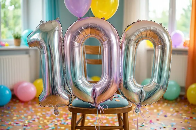 Drie grote metallic cijferballonnen vormen 100 en zijn vastgemaakt aan een houten stoel in een lichte kamer met kleurrijke confetti en pastelballonnen.