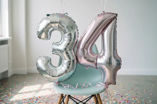 Twee metallic ballonnen in de vorm van 3 en 4 hangen aan een lichtblauwe stoel in een lichte kamer met gekleurde confetti op de vloer.