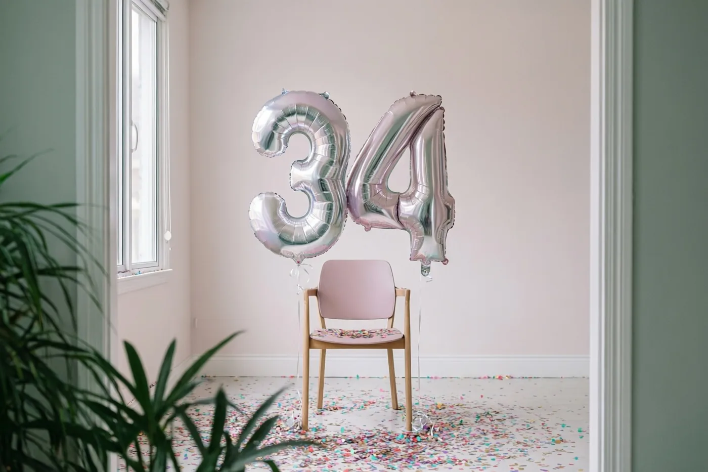 Zilveren en pastelkleurige cijferballonnen vormen 34 aan een roze stoel in een lichte kamer met confetti, roze muren en groene planten, gezien door een deuropening.
