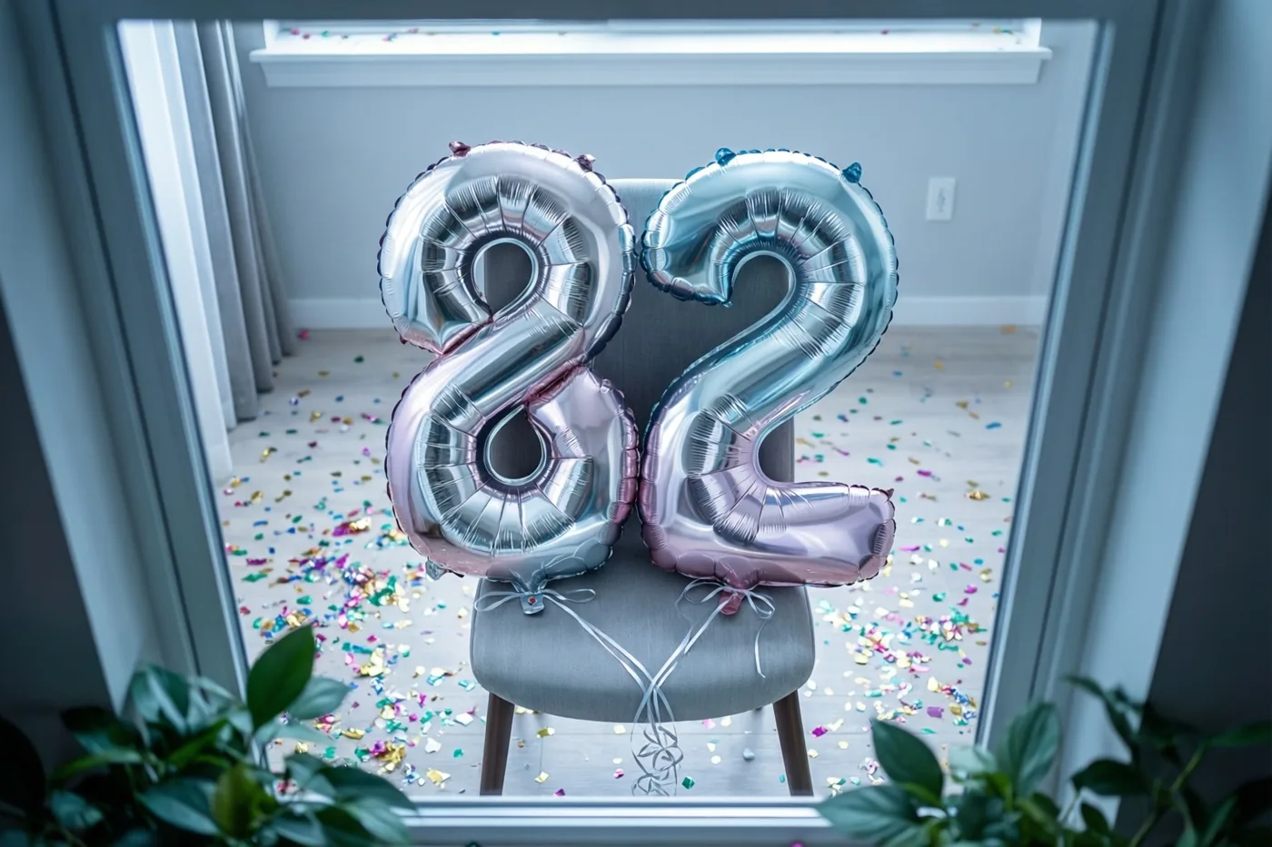 Door een raamkozijn zijn zilveren en pastelkleurige ballonnen 82 aan een grijze stoel te zien, met confetti op een lichte vloer en groene planten op de voorgrond.