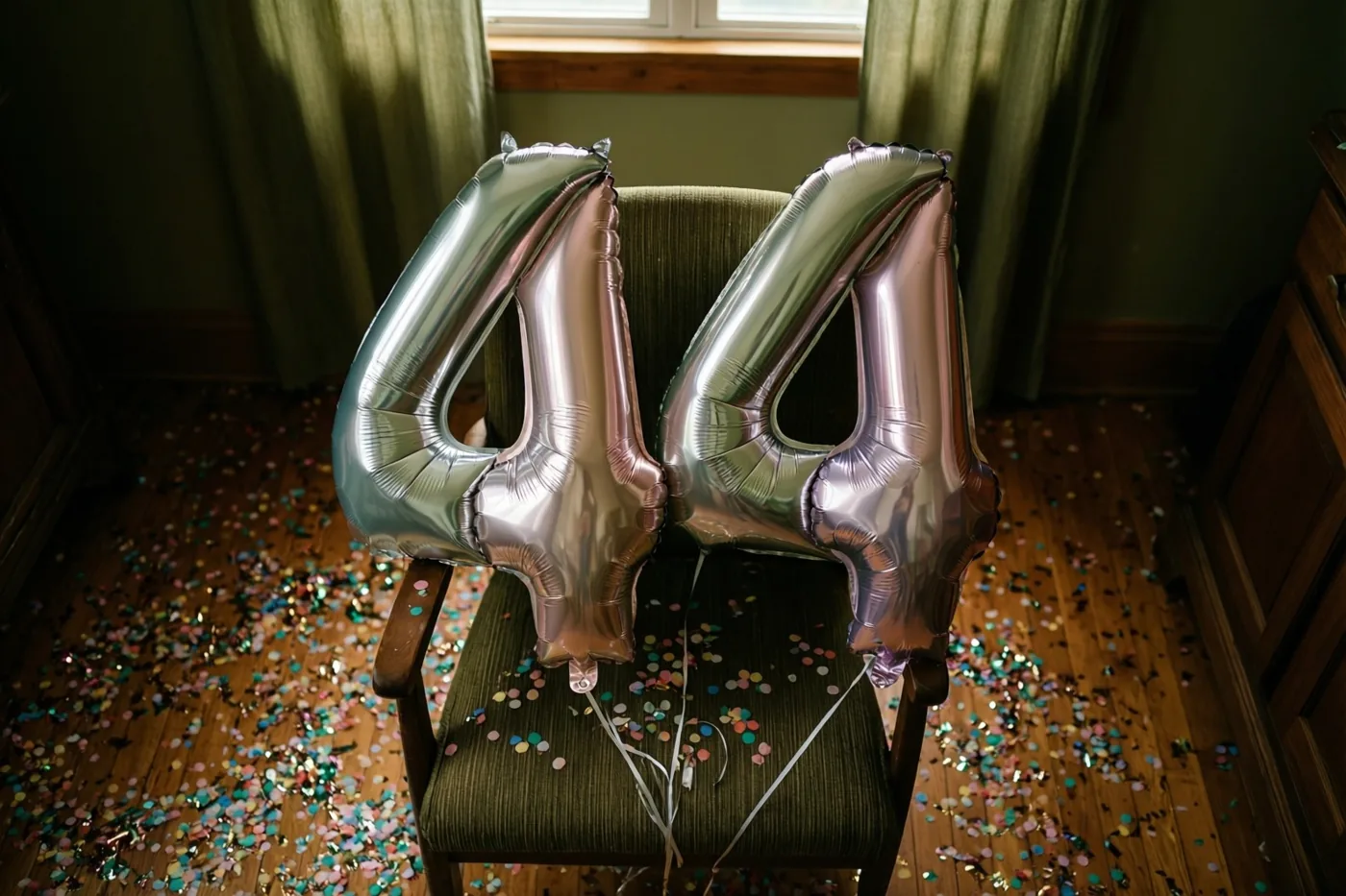 Twee grote zilver- en pastelkleurige ballonnen vormen 44 aan een groen beklede stoel op een houten vloer met kleurrijke confetti, verlicht door een raam.